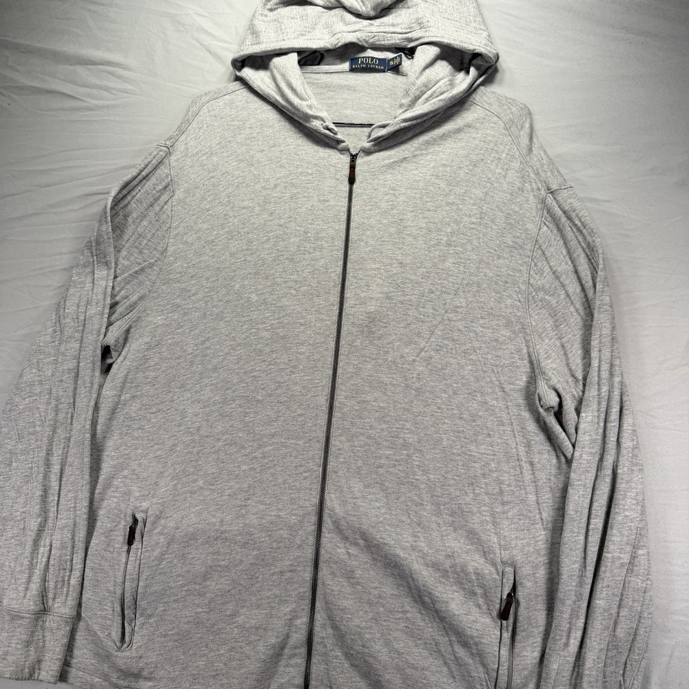 Polo Ralph Lauren Hoodie Mens 2XL Light Gray Full Zip Sweatshirt Stretch Light